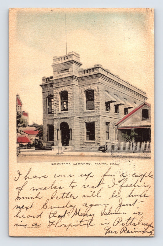 Napa California Goodman Library early civic building hand colored postcard 1907 street view architecture
