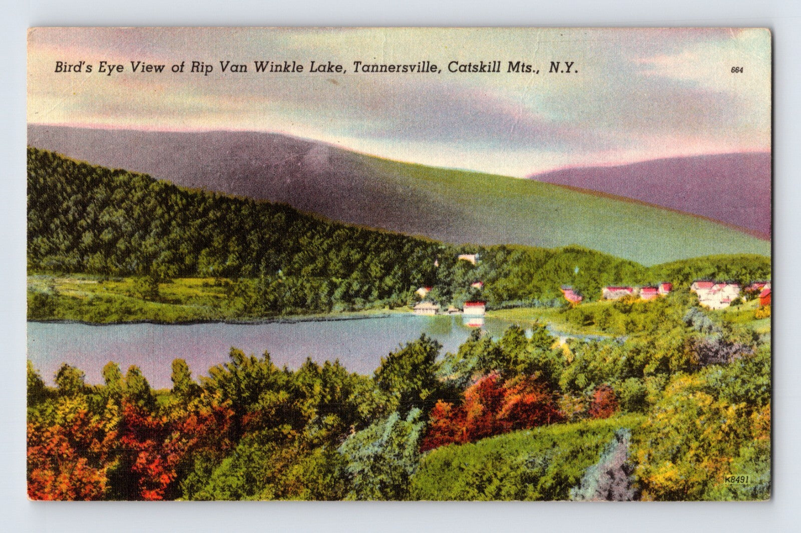 Birds eye view of Rip Van Winkle Lake Tannersville New York with Catskill Mountains and autumn foliage