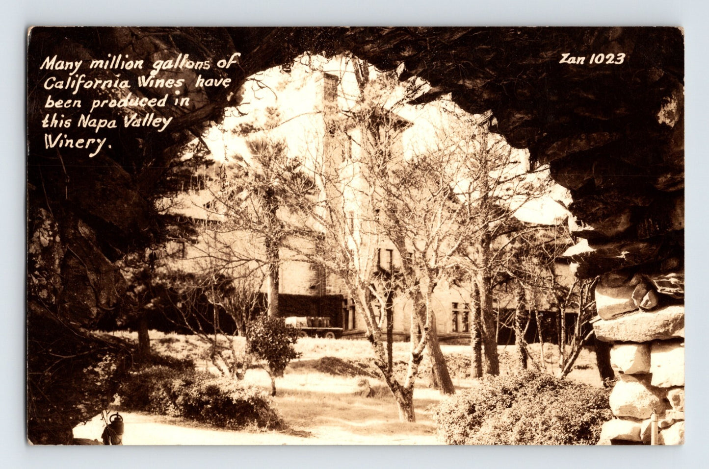 St Helena California Christian Brothers Winery Napa Valley 1942 RPPC Zan 1023 vineyard grounds stone arch view