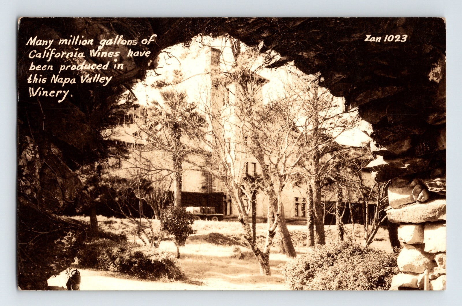 St Helena California Christian Brothers Winery Napa Valley 1942 RPPC Zan 1023 vineyard grounds stone arch view