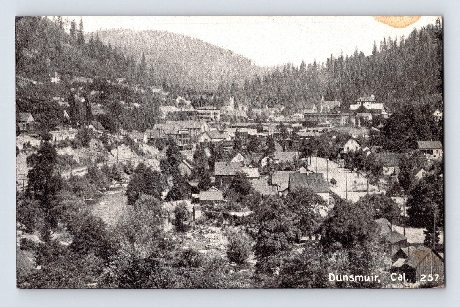 Dunsmuir California downtown aerial view railroad town forested hills 1910s postcard