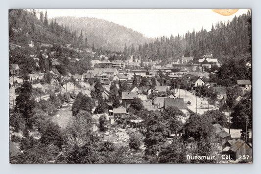 Dunsmuir California downtown aerial view railroad town forested hills 1910s postcard