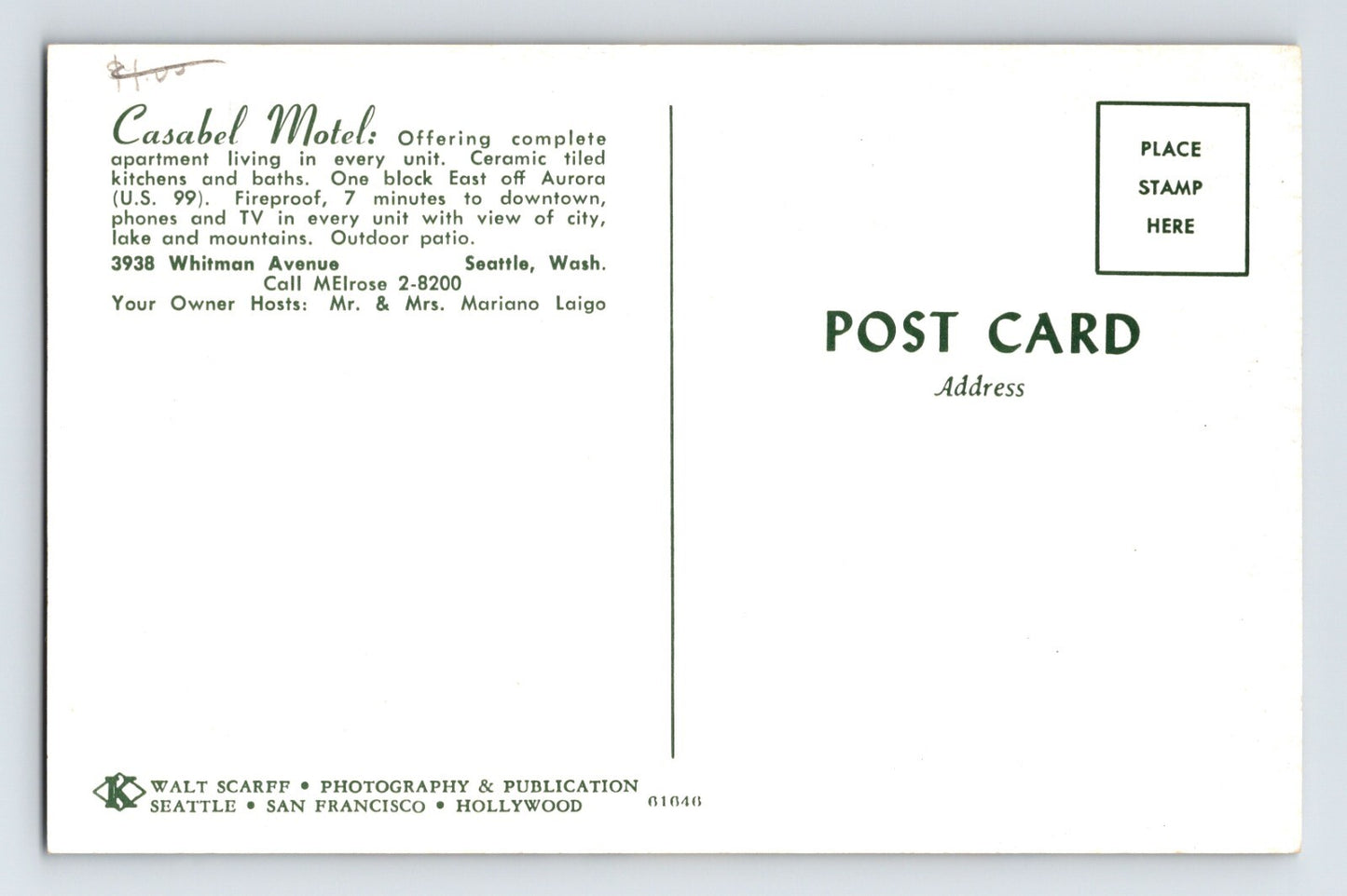 Seattle Washington Casabel Motel 1960s Postcard Unposted Chrome