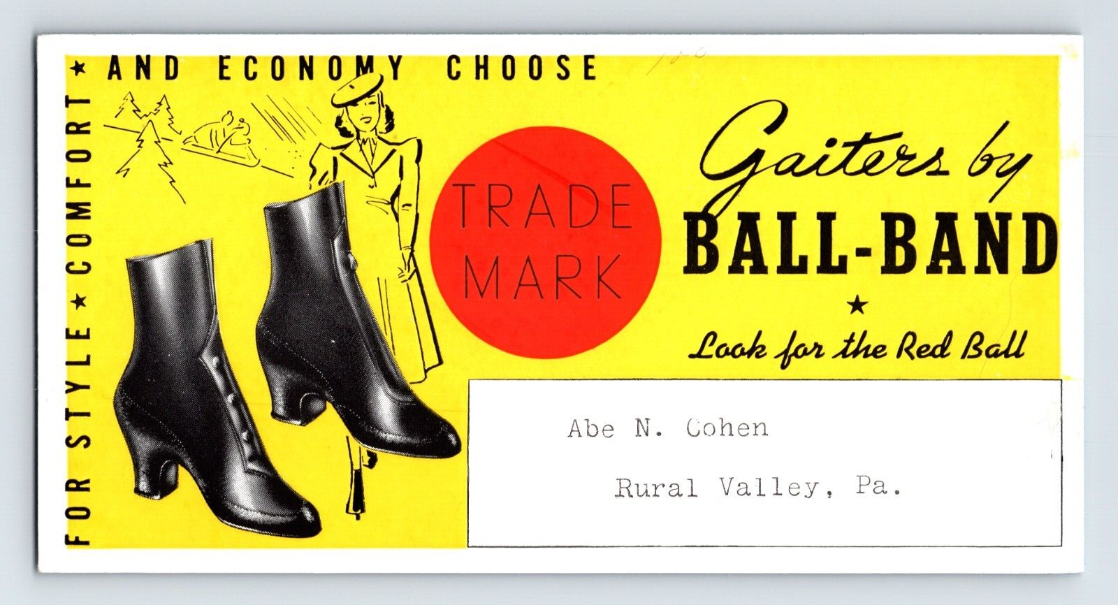 Ball Band shoes gaiters advertising blotter Abe Cohen Rural Valley Pennsylvania 1920s
