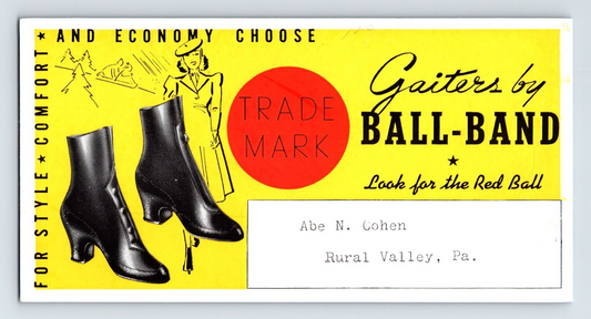 Ball Band shoes gaiters advertising blotter Abe Cohen Rural Valley Pennsylvania 1920s