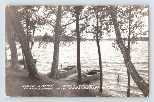 Park Rapids Minnesota Bartz Resort Stoney Lake RPPC postcard with rowboats along wooded shoreline