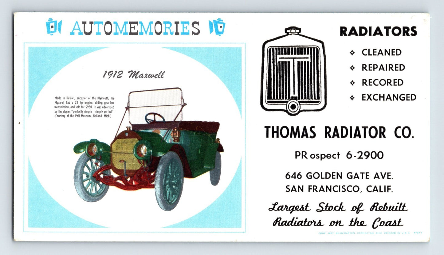 San Francisco Thomas Radiator Company advertising blotter 1940s 1912 Maxwell automobile illustration