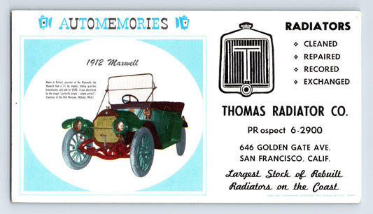 San Francisco Thomas Radiator Company advertising blotter 1940s 1912 Maxwell automobile illustration