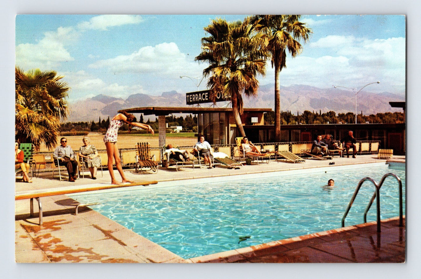 Tucson Arizona Terrace Motel swimming pool palm trees desert mountains 1960s chrome postcard