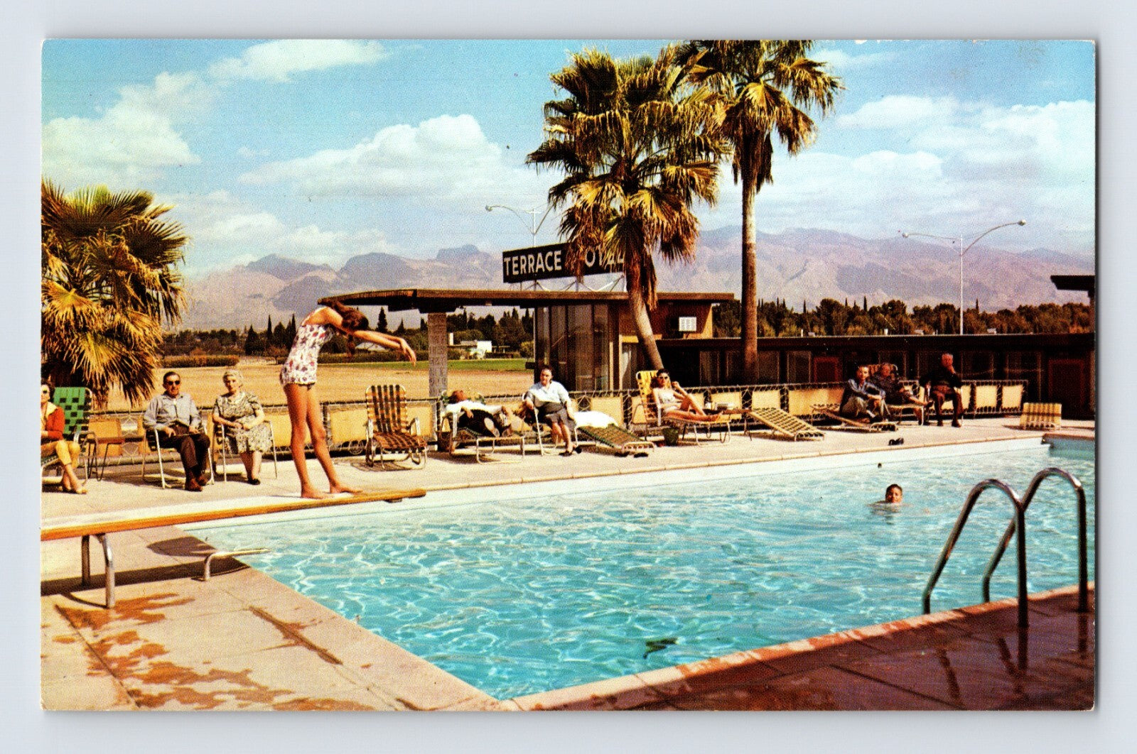 Tucson Arizona Terrace Motel swimming pool palm trees desert mountains 1960s chrome postcard