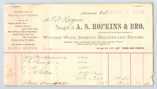 Sacramento California 1886 Hopkins Bros billhead wooden ware baskets brooms invoice 8 x 4.5