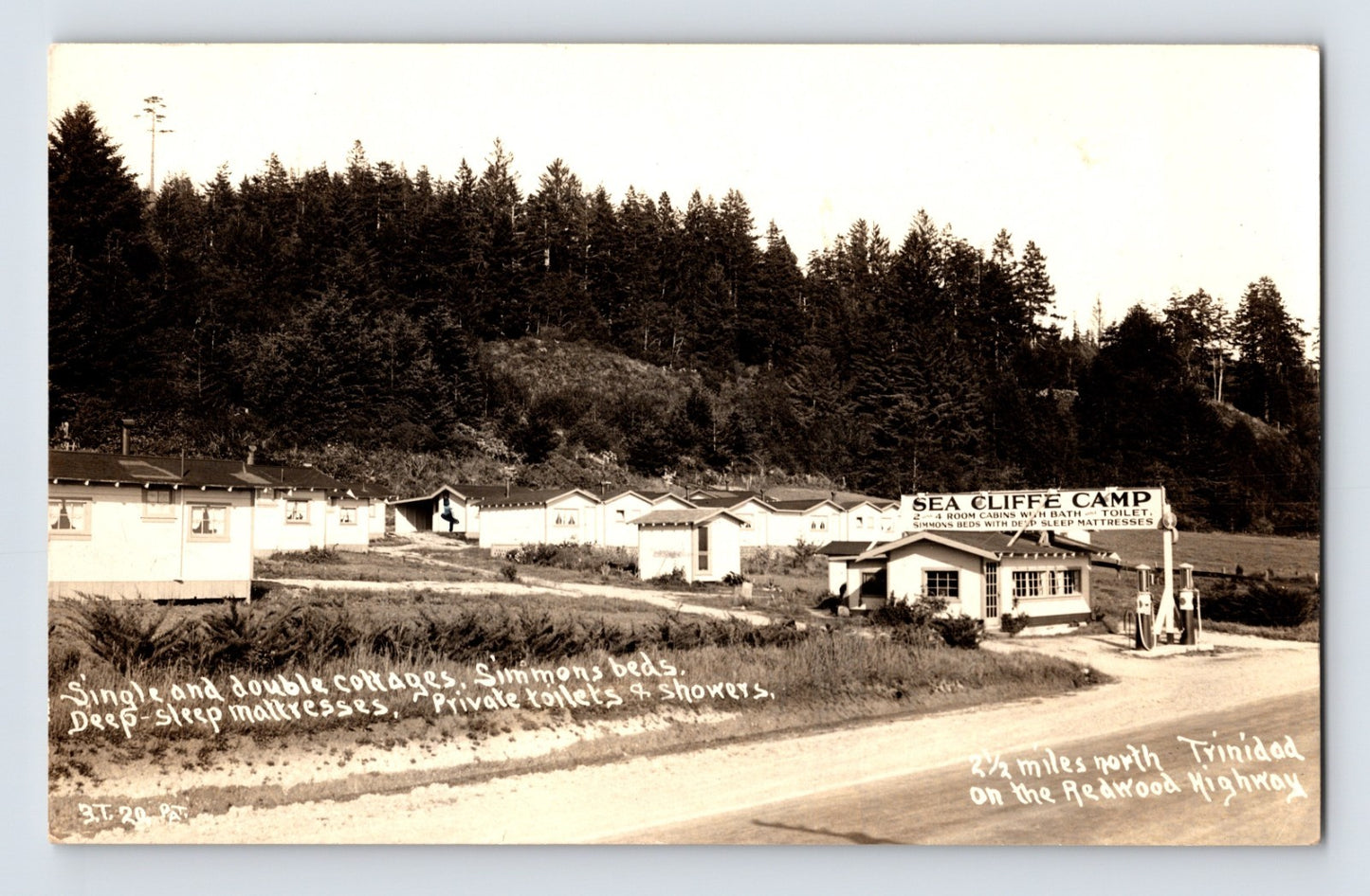Trinidad California Sea Cliffe Camp cabins Redwood Highway RPPC postcard with roadside motor court and 1932 Tacoma Washington postmark