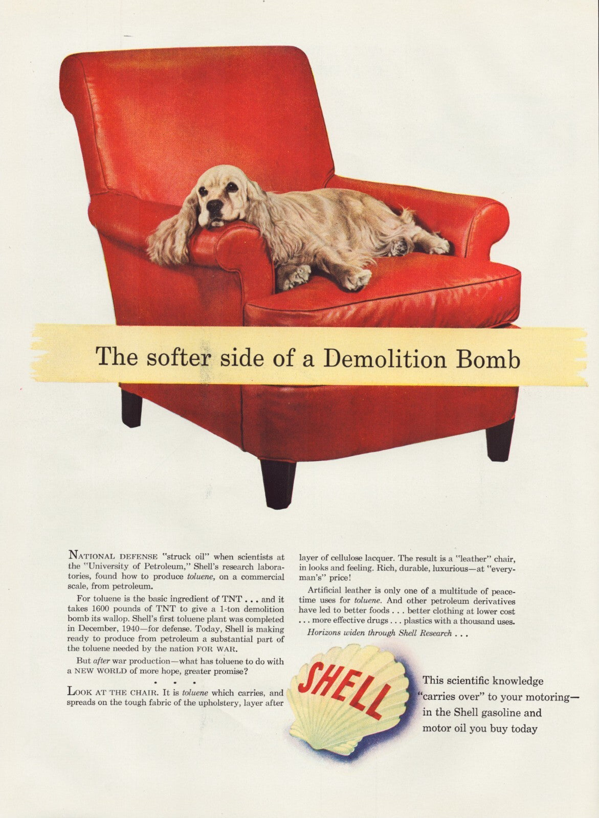 Shell Oil 1942 print ad cocker spaniel resting on red chair wartime comfort theme