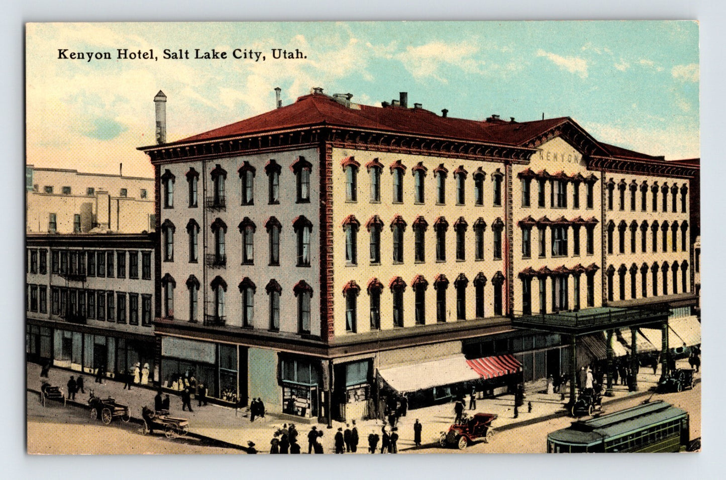 Salt Lake City Utah Kenyon Hotel street view early automobile and pedestrians postcard