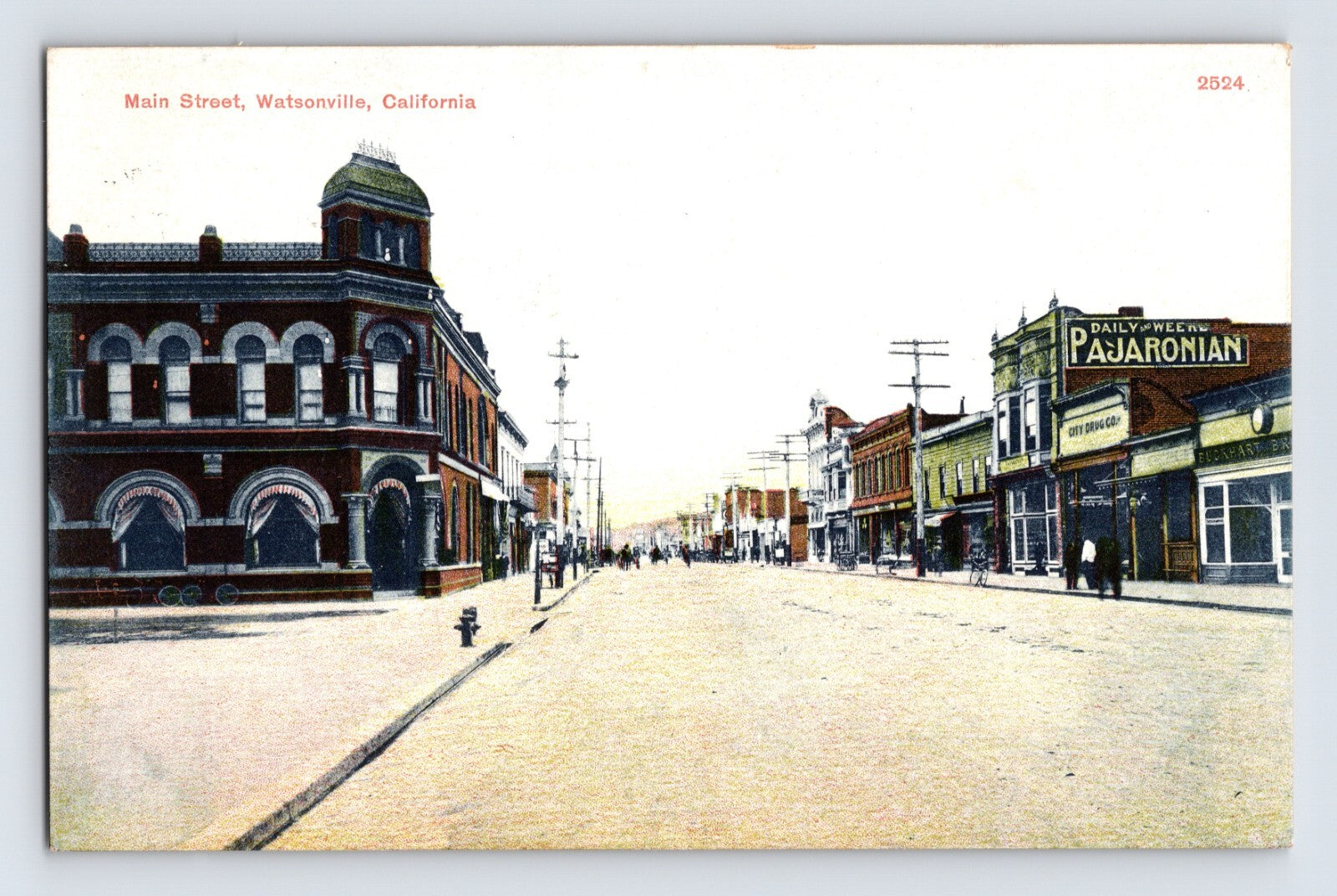 1909 Watsonville California Main Street view with Pajaronian newspaper building storefronts pedestrians and early streetscape divided back postcard