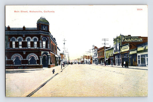 1909 Watsonville California Main Street view with Pajaronian newspaper building storefronts pedestrians and early streetscape divided back postcard