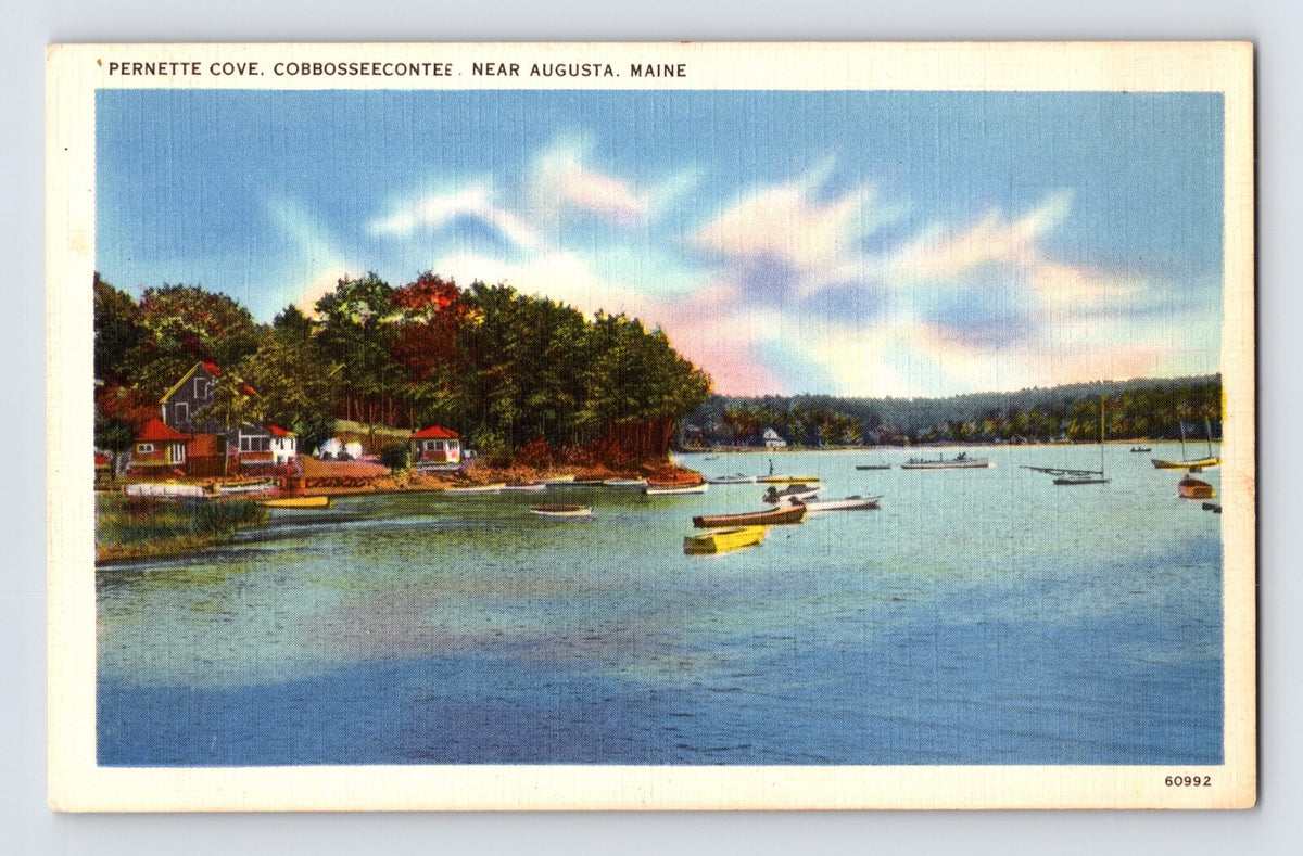 Augusta Maine Cobbosseecontee Lake Pernette Cove 1940s Postcard Unposted Linen