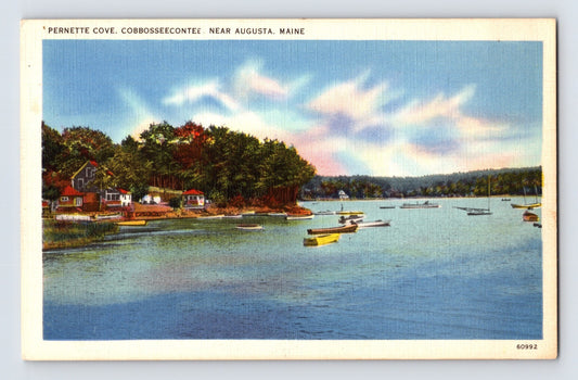 Augusta Maine Cobbosseecontee Lake Pernette Cove 1940s Postcard Unposted Linen