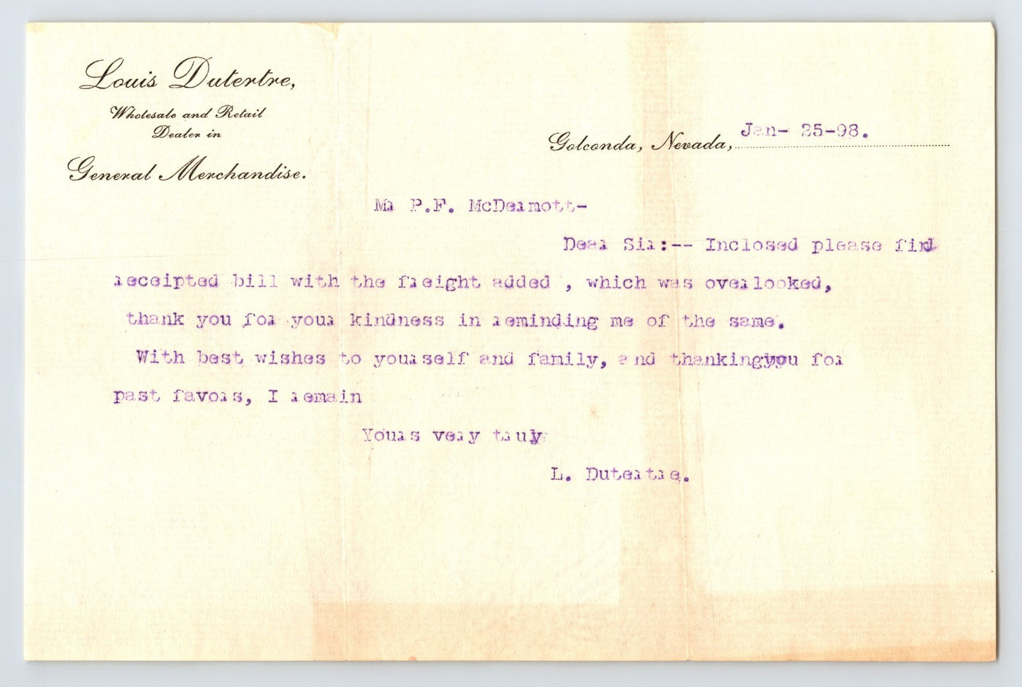 Nevada Golconda Louis Dutertre General Store 1898 Ghost Letterhead 8" x 5.5"