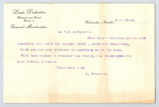 Nevada Golconda Louis Dutertre General Store 1898 Ghost Letterhead 8" x 5.5"