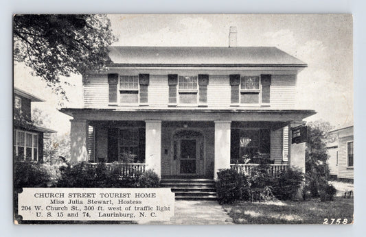 Laurinburg North Carolina Church Street Tourist Home 1940s Postcard Unposted
