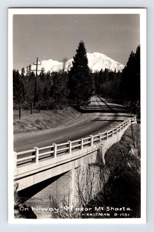 Mount Shasta California Highway 99 bridge roadway mountain view 1940s RPPC photo postcard