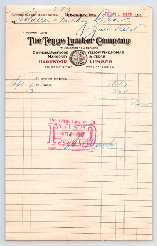 Milwaukee Wisconsin Tegge Lumber Company billhead 1917 hardwood lumber invoice with stamped payment marking