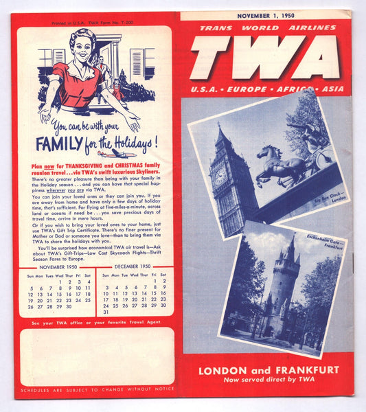 TWA Trans World Airlines 1950 London Frankfurt system timetable brochure cover red design