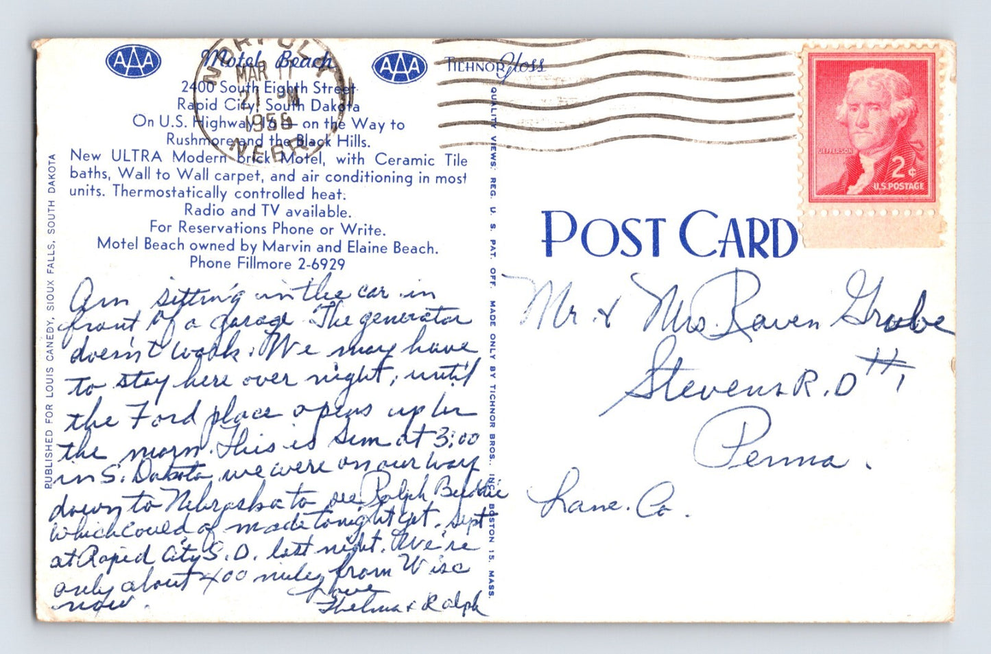 Rapid City South Dakota Motel Beach 1958 Postcard Posted Chrome