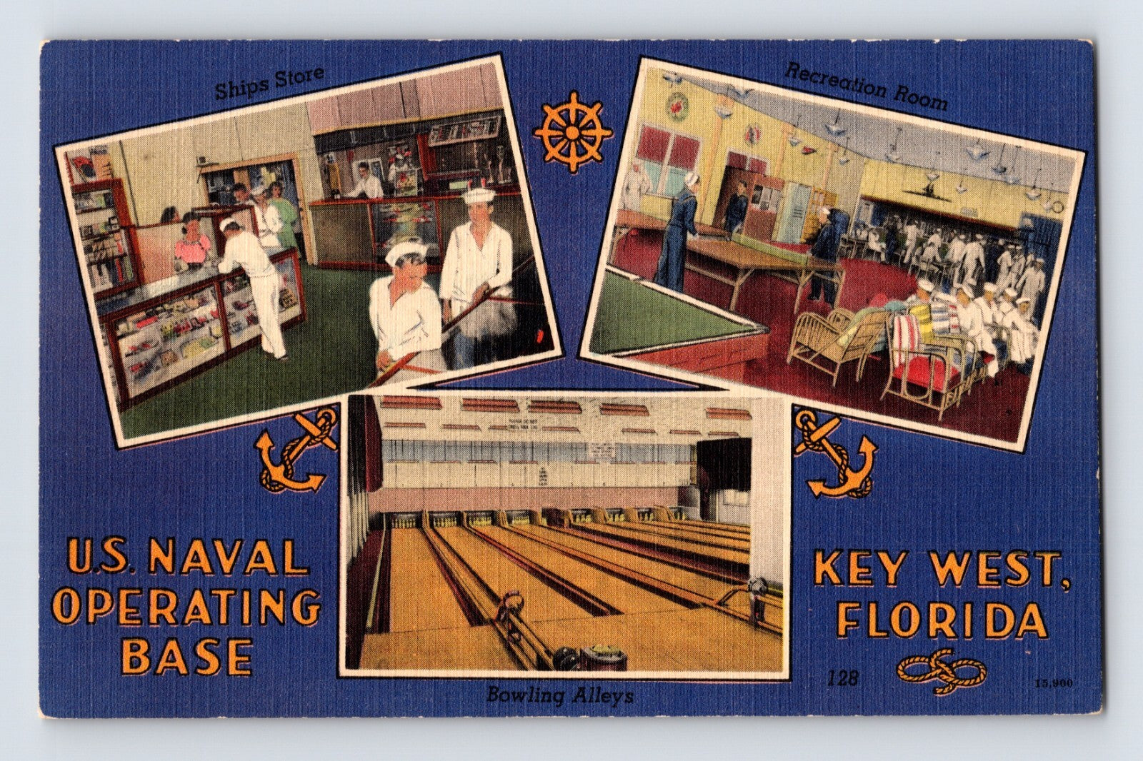 Key West Florida US Naval Base bowling alley recreation room ships store 1940s linen postcard