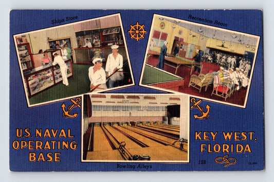 Key West Florida US Naval Base bowling alley recreation room ships store 1940s linen postcard