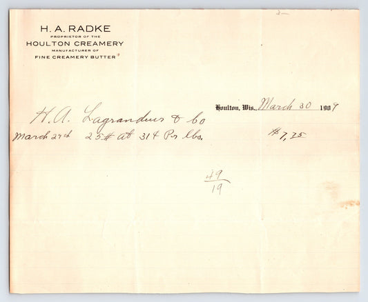 1907 Houlton Wisconsin H A Radke Houlton Creamery billhead for butter with handwritten transaction and simple printed header
