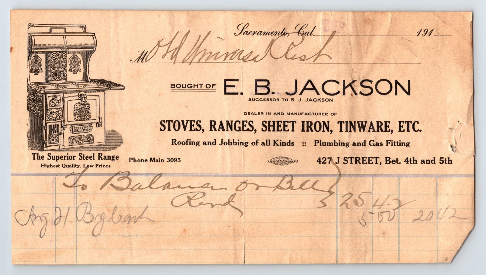 Sacramento California E B Jackson stove range tinware billhead showing illustrated cast iron range advertisement