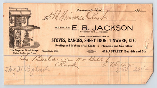 Sacramento California E B Jackson stove range tinware billhead showing illustrated cast iron range advertisement
