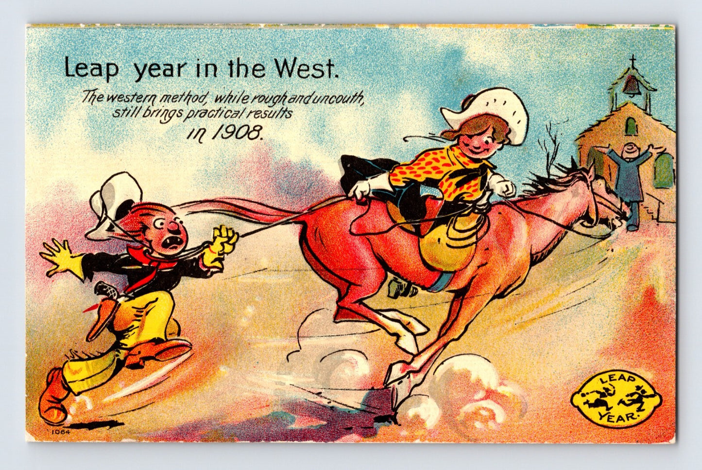 Leap Year Old West postcard with cowgirl on horseback lassoing man near mission building colorful illustrated 1910s postcard