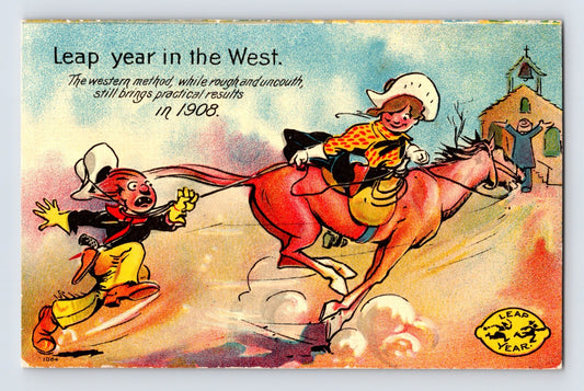 Leap Year Old West postcard with cowgirl on horseback lassoing man near mission building colorful illustrated 1910s postcard