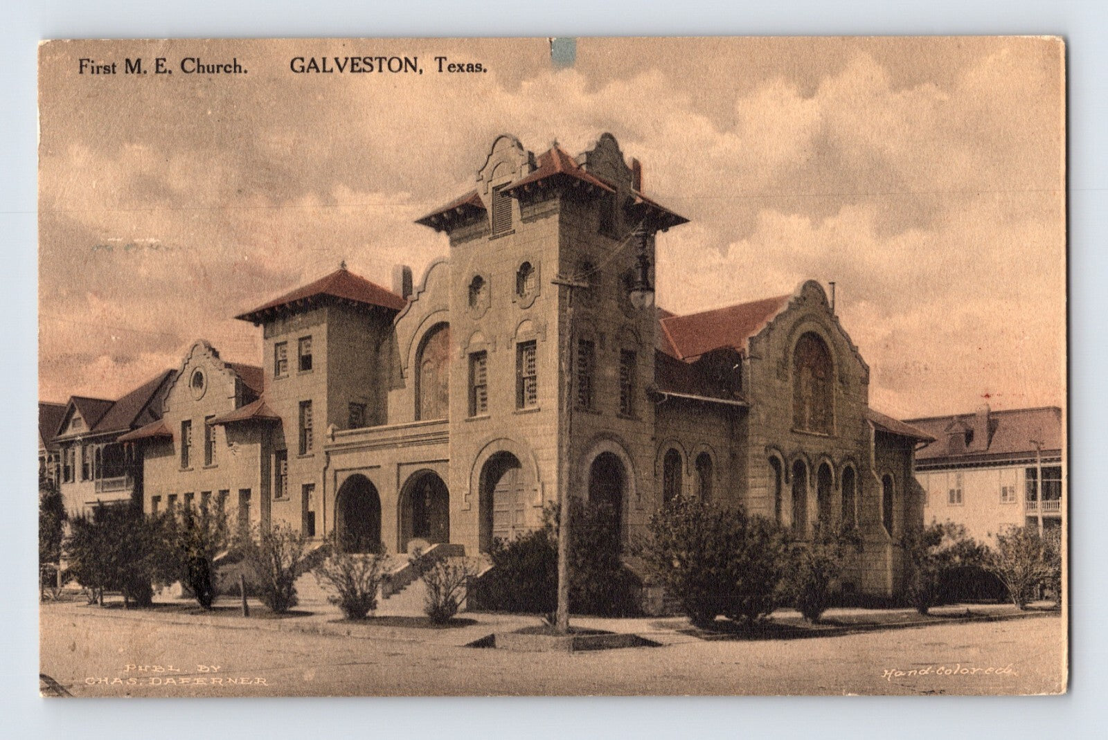 Galveston Texas First Methodist Church hand colored exterior 1916 postcard