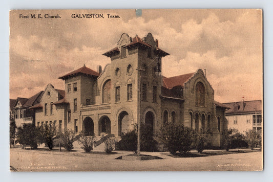 Galveston Texas First Methodist Church hand colored exterior 1916 postcard