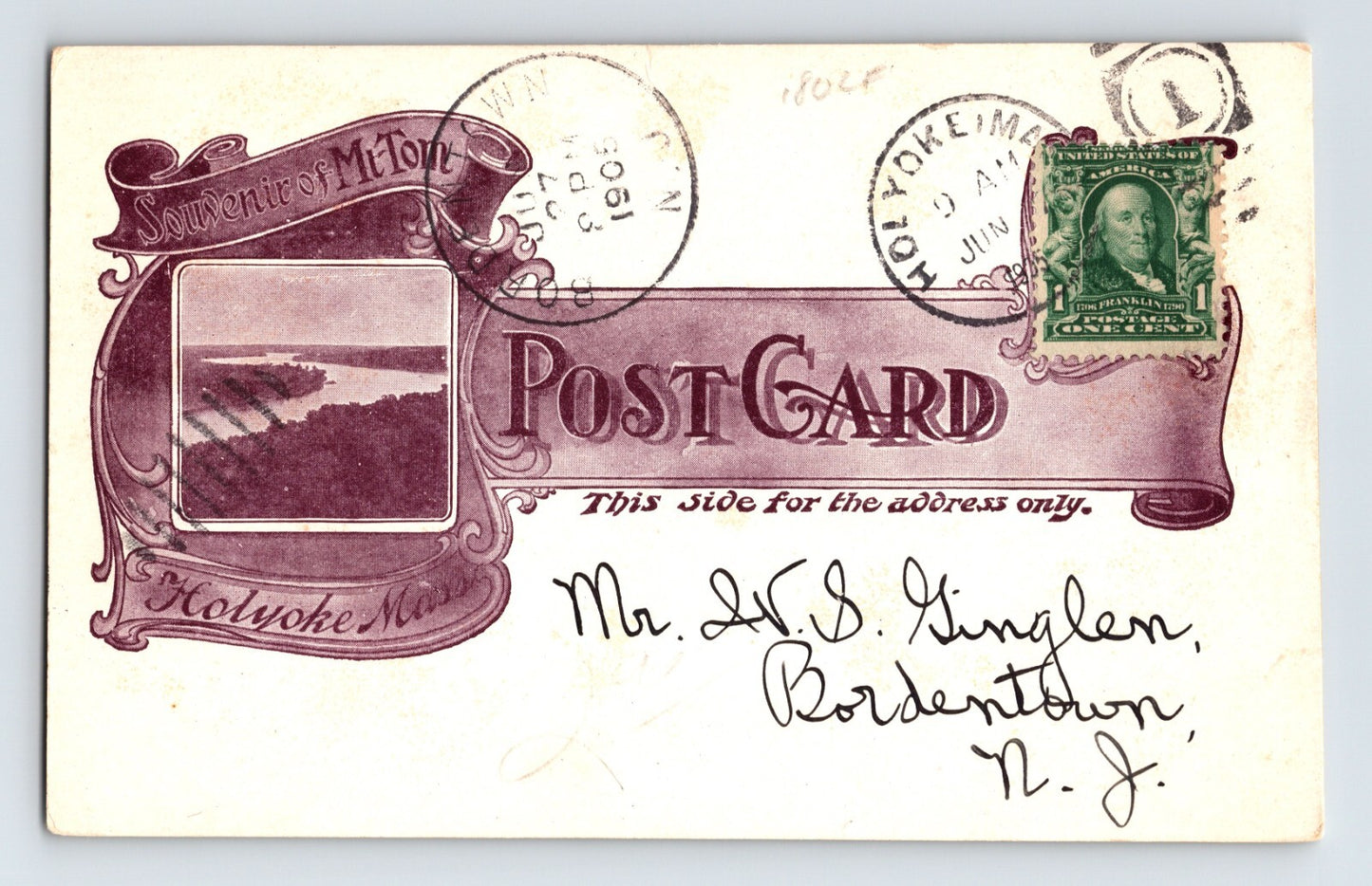 Holyoke Massachusetts Mt Tom Railway 1905 Postcard Posted Fancy Back