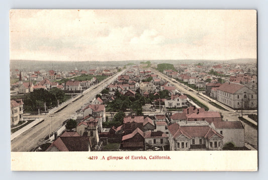 Aerial view of downtown Eureka California with red roofed buildings and broad street grid postcard