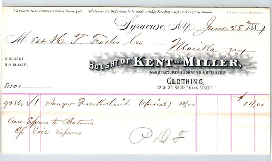 Syracuse New York 1887 Kent Miller Clothing Billhead 8.5 x 4.5