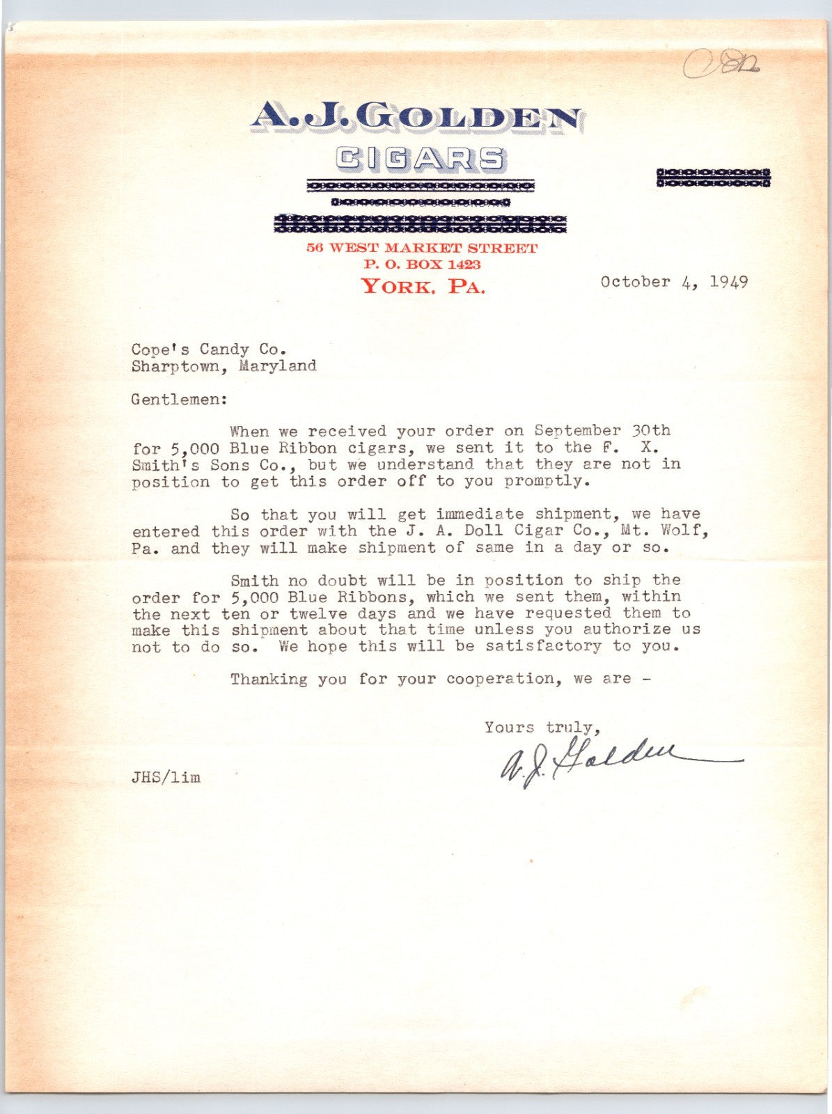 A J Golden Cigars York Pennsylvania 1949 tobacco letterhead typed business correspondence