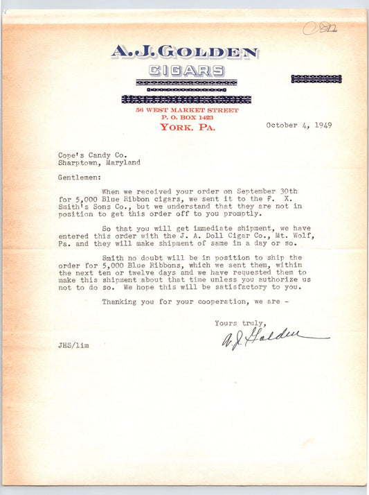 A J Golden Cigars York Pennsylvania 1949 tobacco letterhead typed business correspondence