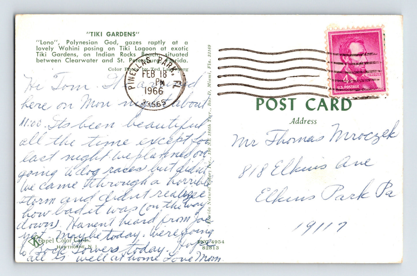 Indian Rocks Beach Florida Tiki Garden 1966 Postcard Posted Chrome