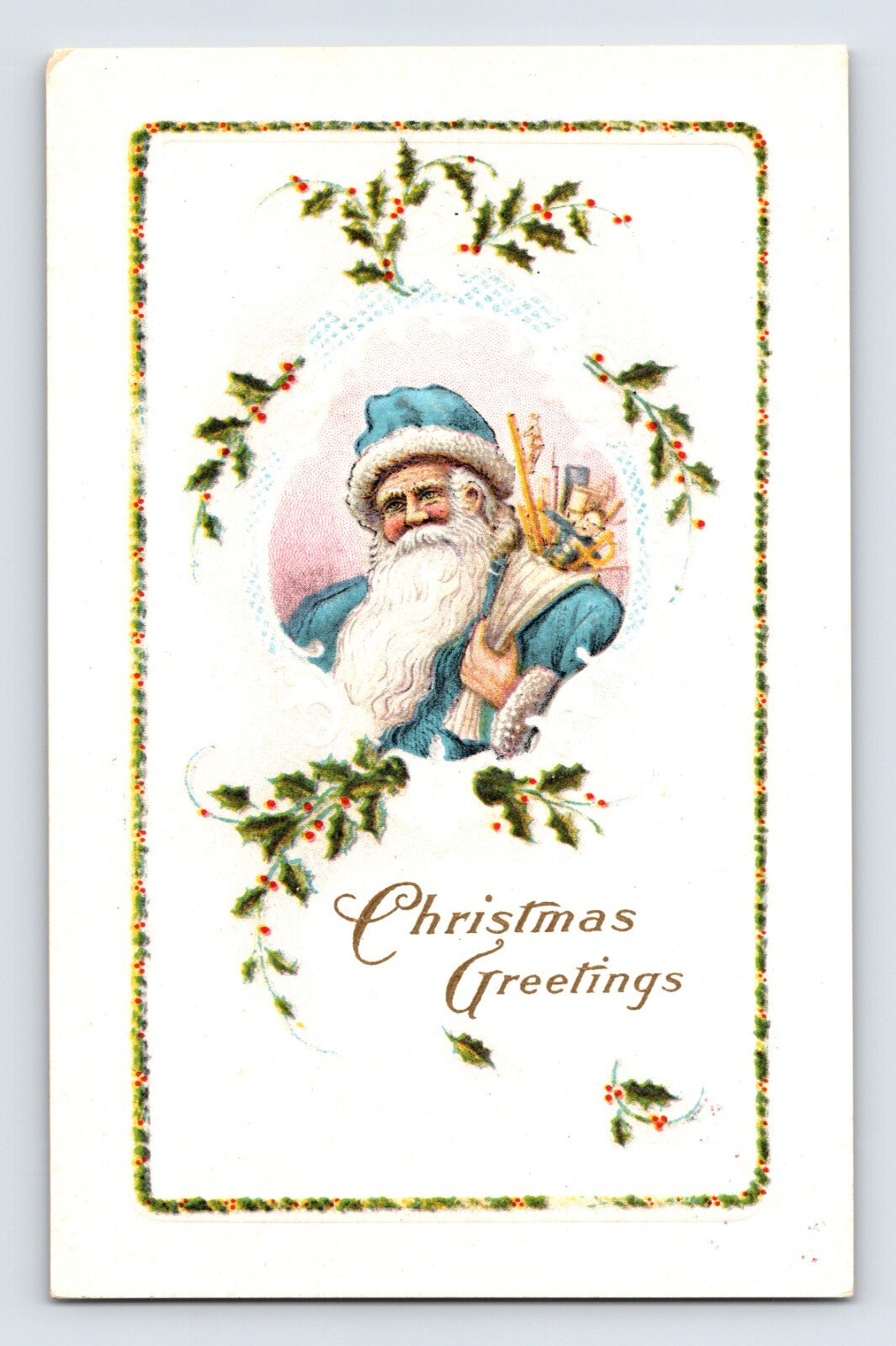 Santa Claus blue suit toys Christmas greetings postcard holly border divided back 1920s