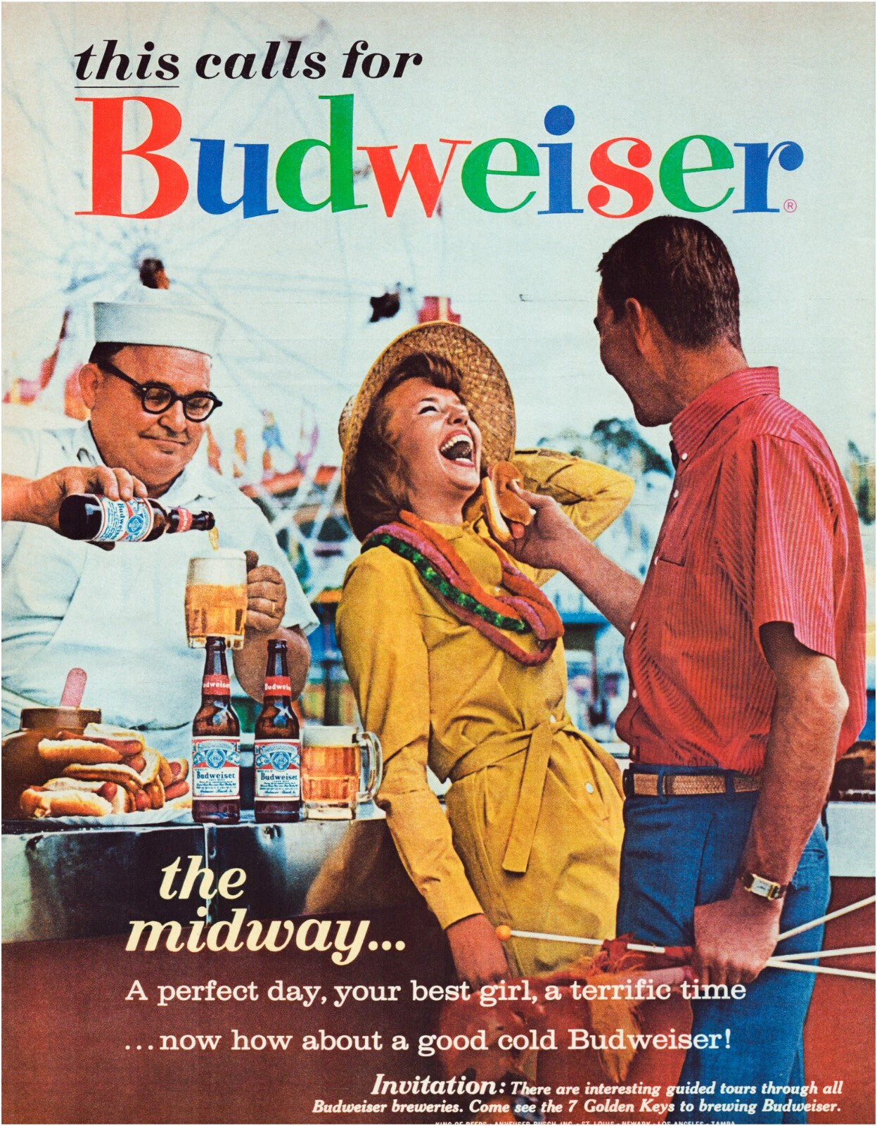 Budweiser beer 1963 print ad carnival midway ferris wheel hot dog stand magazine page