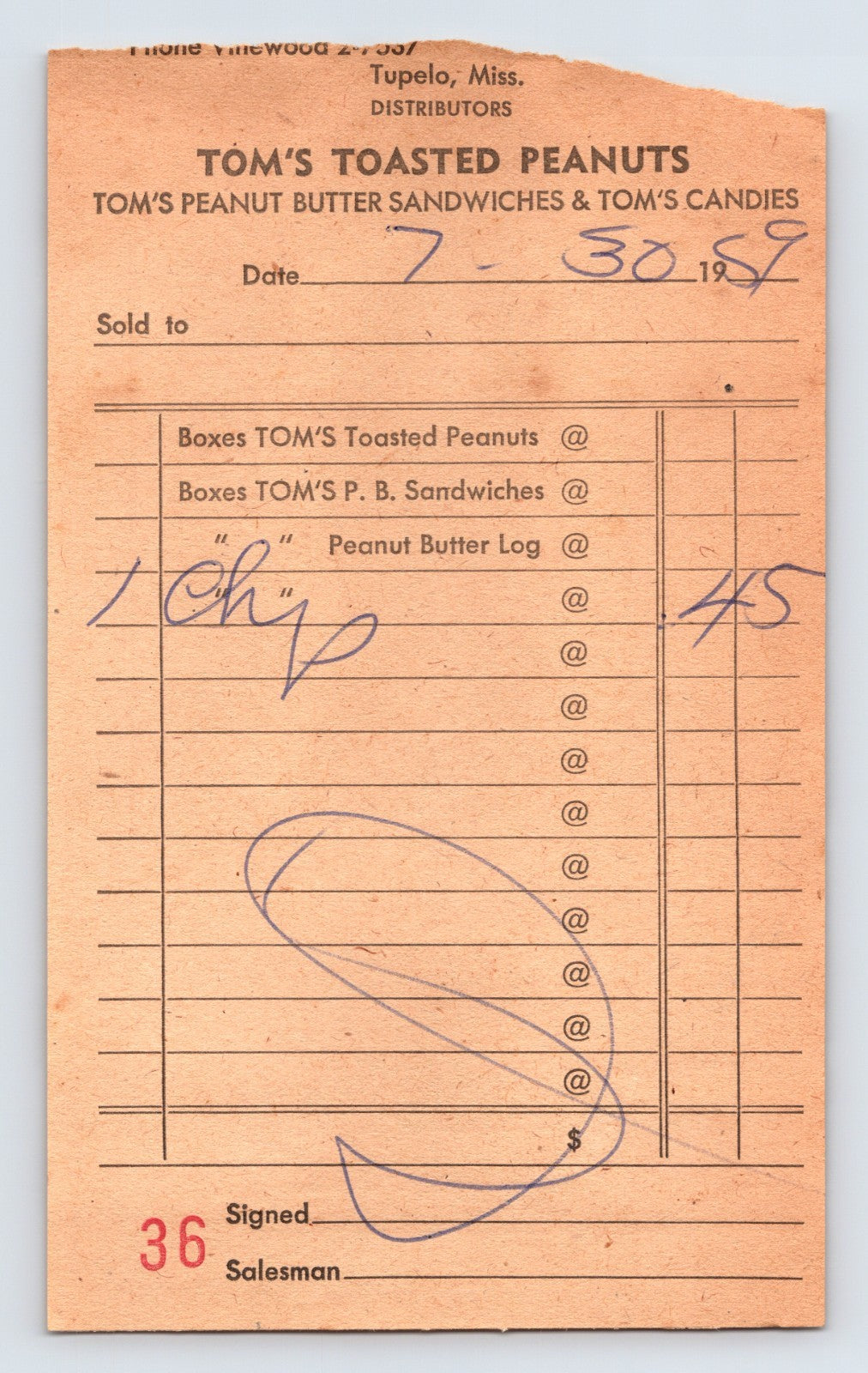 Tupelo Mississippi Toms Toasted Peanuts distributor invoice billhead 1959 candy snack food receipt