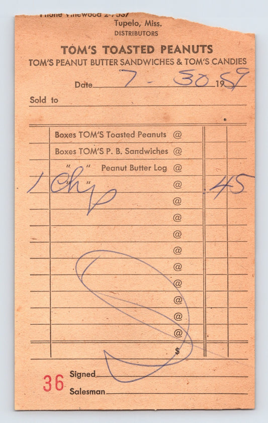 Tupelo Mississippi Toms Toasted Peanuts distributor invoice billhead 1959 candy snack food receipt