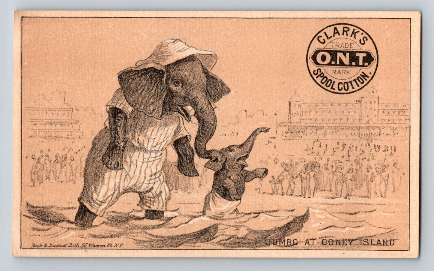 Victorian trade card advertising Clark O N T Spool Cotton featuring Jumbo elephant at Coney Island beach scene 1890s illustration