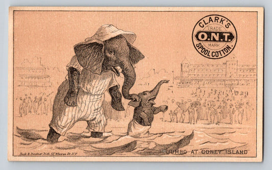 Victorian trade card advertising Clark O N T Spool Cotton featuring Jumbo elephant at Coney Island beach scene 1890s illustration